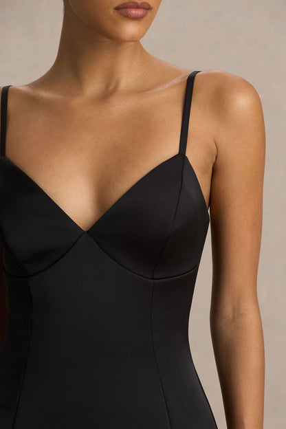 Elara | Vestido corto de satén negro con escote pronunciado