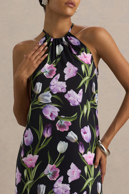 Svana | Vestido largo Asimétrico con Escote Halter en Satén Floral Negro