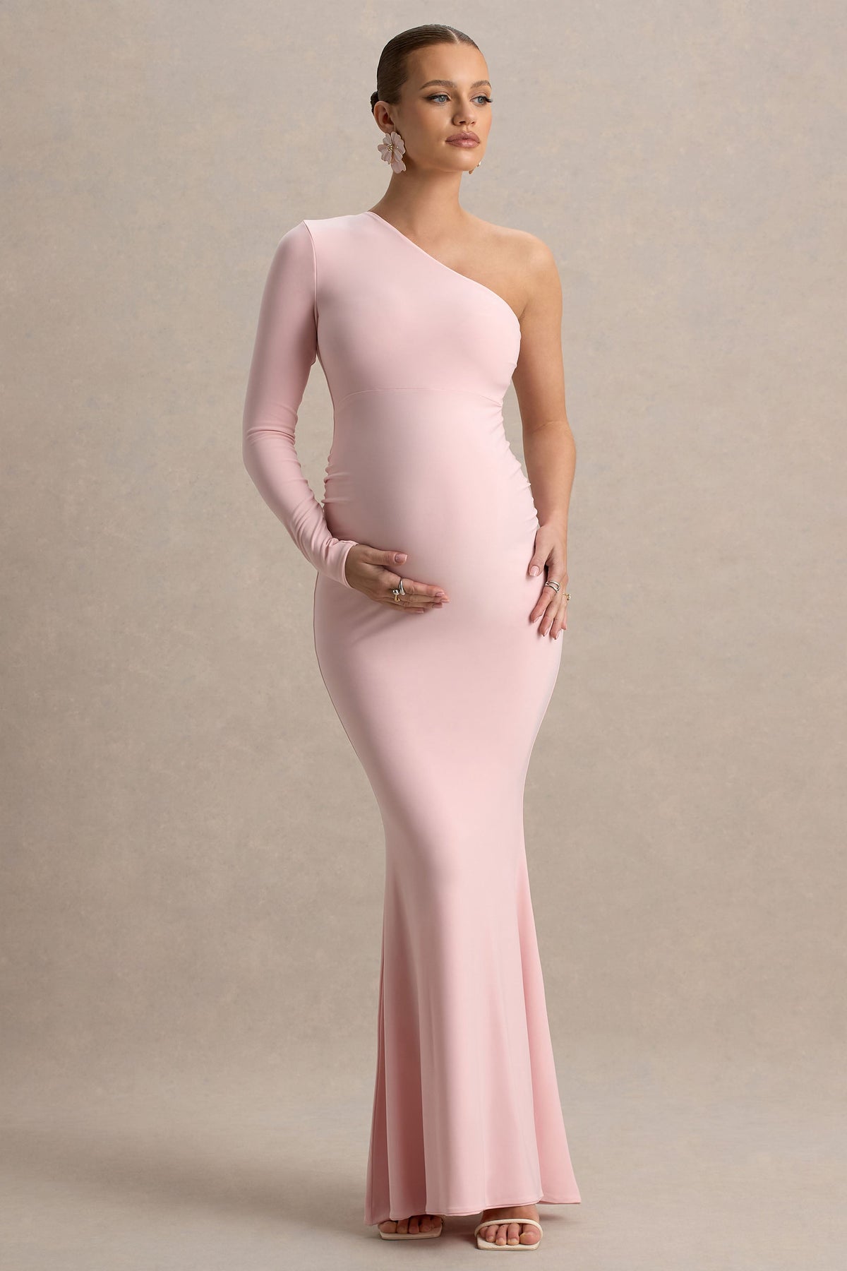 Heloise | Vestido largo premamá en  Rosa Asimétrico de Una Manga