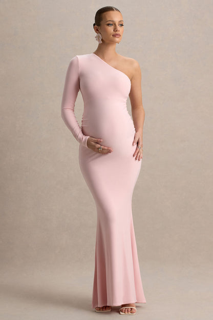 Heloise | Vestido largo premamá en  Rosa Asimétrico de Una Manga