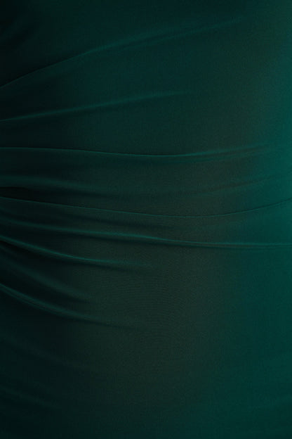 Eden | Vestido Largo Verde Botella con Escote Alto y Detalles Fruncidos