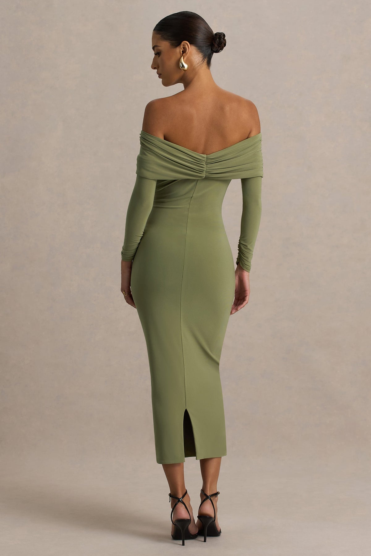 Spark | Vestido Midi Oliva Con Escote Bardot Y Detalle De Lazo
