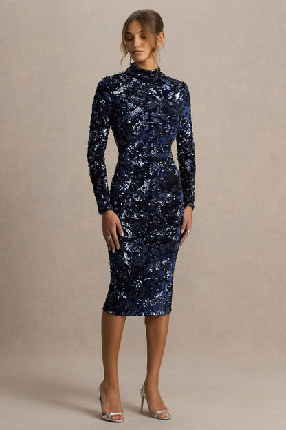 Alanita | Vestido midi azul marino de terciopelo y lentejuelas con cuello alto y mangas largas