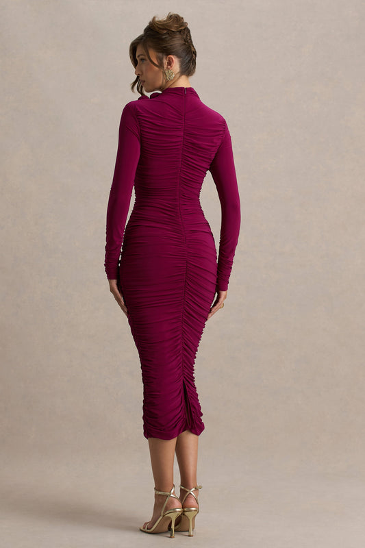 Tamara | Vestido Midi Burdeos de Manga Larga con Fruncidos