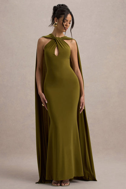 Rhoda | Vestido largo verde con escote halter y  banda decorativa