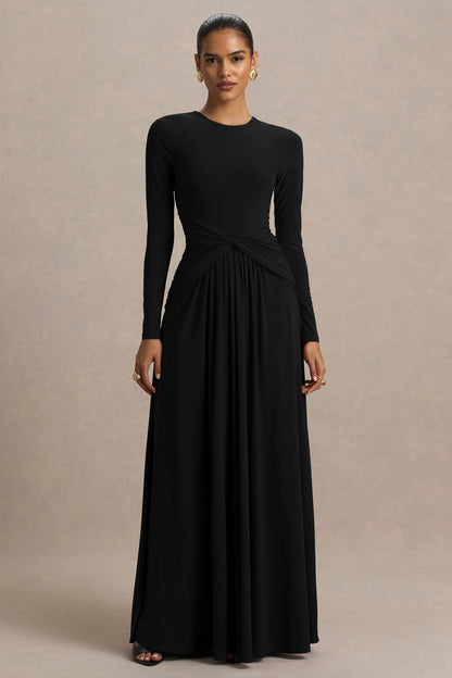 Estrella | Vestido Largo negro con cuello alto y detalle fruncido