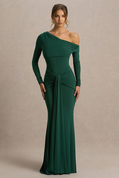 Clover | Vestido largo asimétrico con cuello cruzado y fajín en verde oscuro