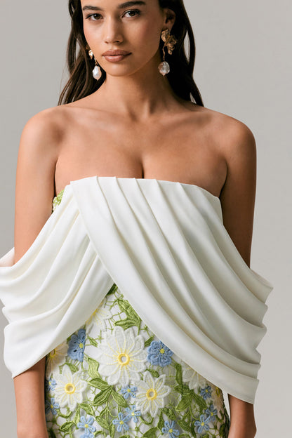 Entitled | Vestido Midi con Estampado Floral Crema y Escote Bardot con Detalles de Encaje