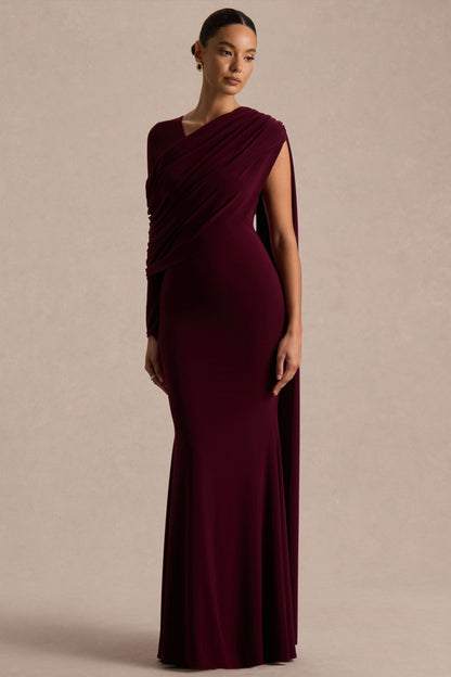 Rubelle | Vestido Largo Burdeos de Escote Asimétrico con Detalle Drapeado