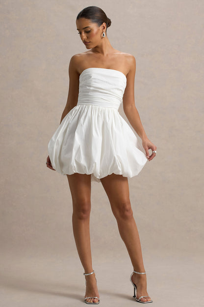 Faye | Vestido corto blanco con escote bandeau y falda puff ball