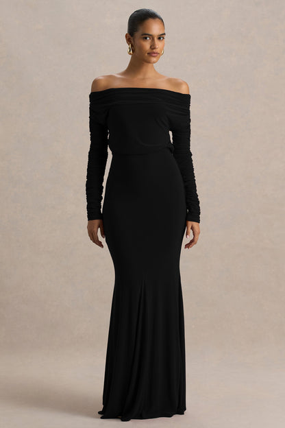 Cilla | Vestido Largo Negro Con Escote Bardot y Fruncido
