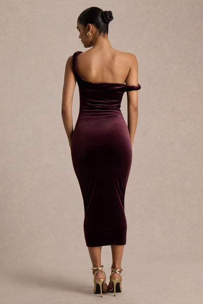Carella | Vestido Midi Asimétrico de Terciopelo Burdeos con Detalle Retorcido