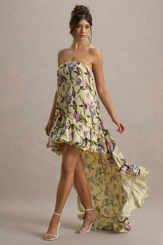Whistler | Vestido largo con estampado floral con Volantes y Dobladillo Asimétrico