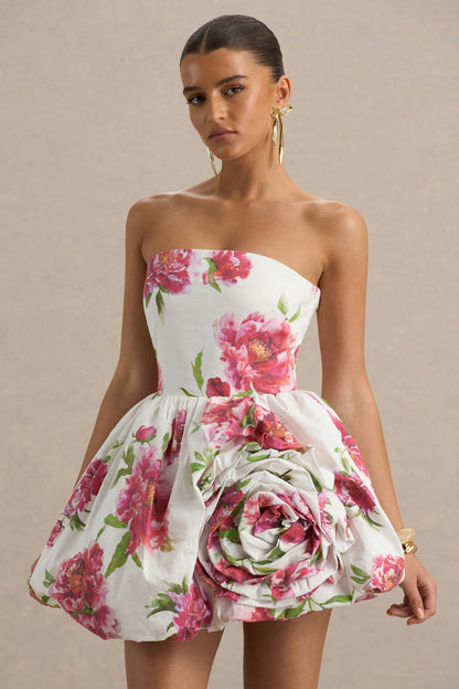 Adira | Vestido corto palabra de honor con estampado floral crema, falda globo y detalle de volante