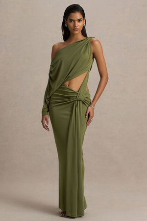 Layla | Vestido Largo Verde Oliva De Escote Asimétrico con Corte en el Cuerpo y Detalle Fruncido