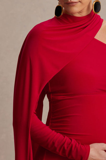 Tessy | Vestido Largo Rojo con Escote Asimétrico y Manga Capa