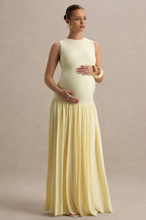 Outline | Vestido largo premamá en amarillo limón con Escote con abertura y Falda Drapeada