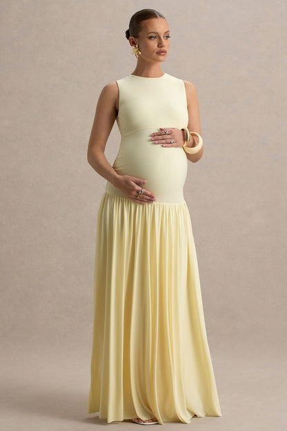 Outline | Vestido largo premamá en amarillo limón con Escote con abertura y Falda Drapeada