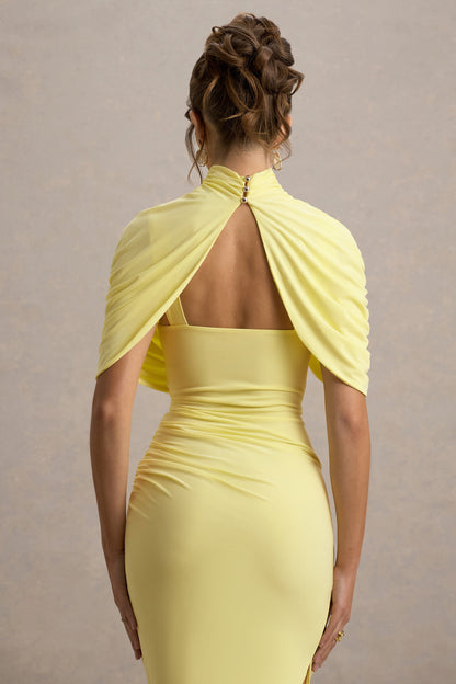 Enchant | Vestido Midi Amarillo Limon con detalle de capa y drapeado