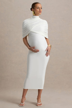 Augustina | Vestido midi premamá blanco con detalle de capa