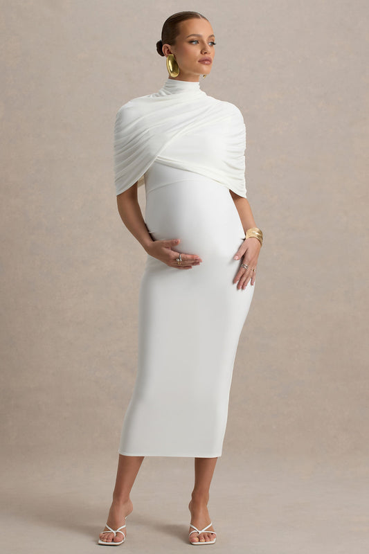 Augustina | Vestido midi premamá blanco con detalle de capa