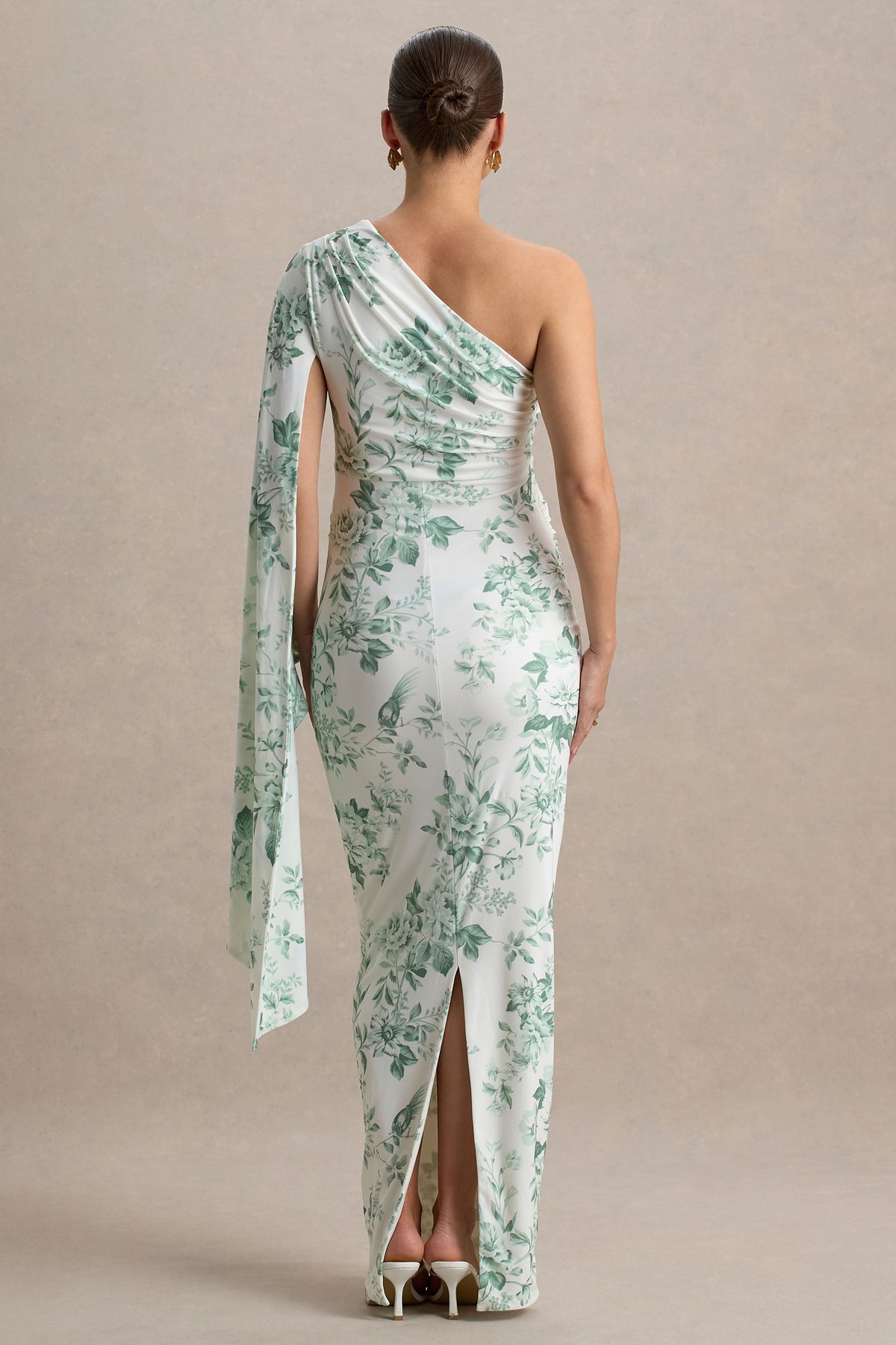 Aliana | Vestido largo premamá con una manga larga y estampado floral verdoso