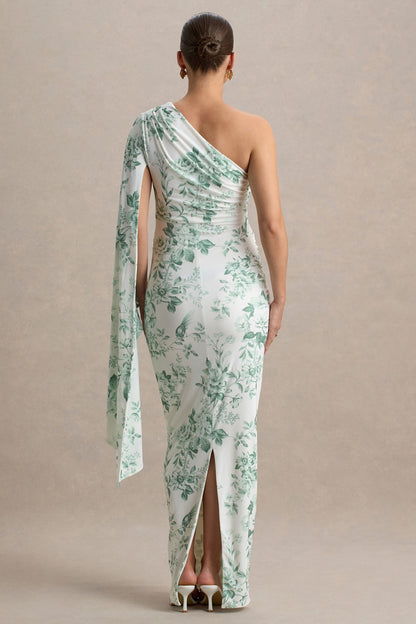 Aliana | Vestido largo premamá con una manga larga y estampado floral verdoso