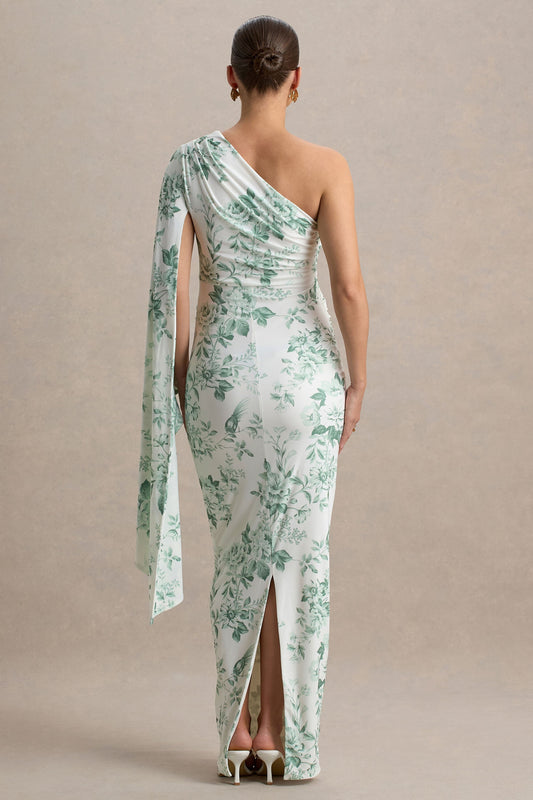 Aliana | Vestido largo premamá con una manga larga y estampado floral verdoso
