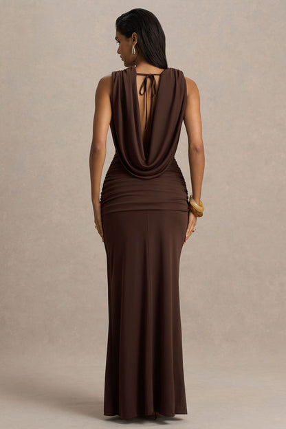 Serafina | Vestido Largo Chocolate De Escote Profundo Extremo con Detalle Wrap y Fruncidos