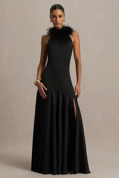 Jemima | Vestido largo de satén negro con cuello halter y detalle de plumas