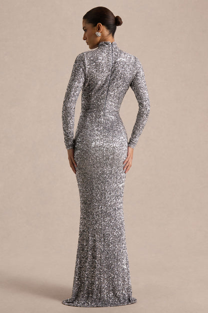 Galaxy | Vestido Largo Plateado de Lentejuelas con Cuello Cisne y Mangas Largas