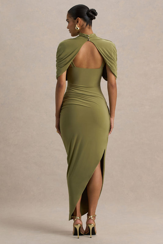 Enchant | Vestido Midi Verde Oliva Con Cuello Alto Y Mangas Capa Asimétricas