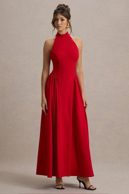 Cynthia | Vestido largo Rojo con Escote Alto y Falda Voluminosa