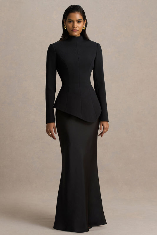 Pepita | Vestido Largo Crema de Escote Alto con Cintura Asimétrica y Falda de Satén