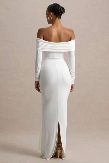 Jovie | Vestido largo blanco entallado con detalles de nudo y drapeado