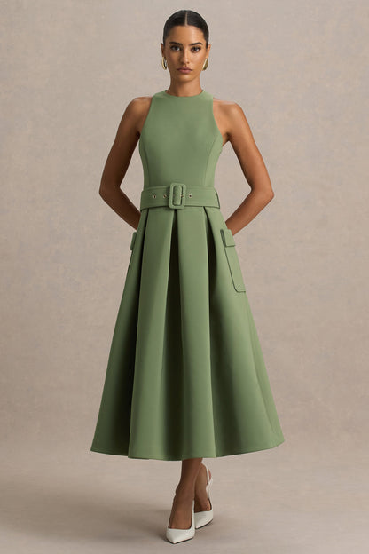 Elisia | Vestido Midi Verde Oliva con Escote Redondo y Cinturón