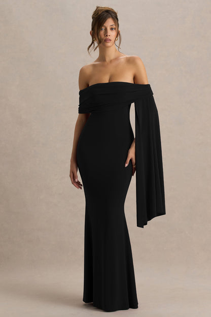 Saffina | Vestido Largo Negro con Escote Bardot y Detalle de Fajín