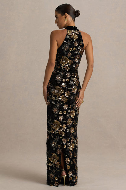 Tate | Vestido Largo de Terciopelo Negro con Escote Halter y Lentejuelas Florales en Bronce