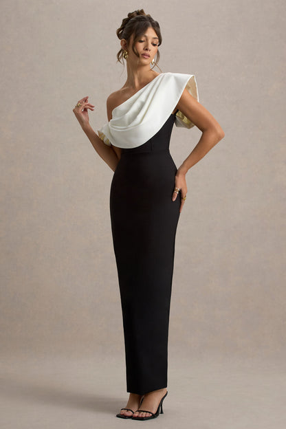 Angelina | Vestido largo negro y escote asimétrico con detalle drapeado en blanco