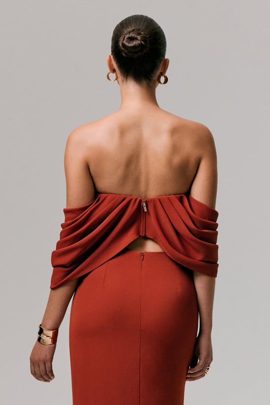 Talika | Top Corto Bardot Terracota con Mangas Drapeadas
