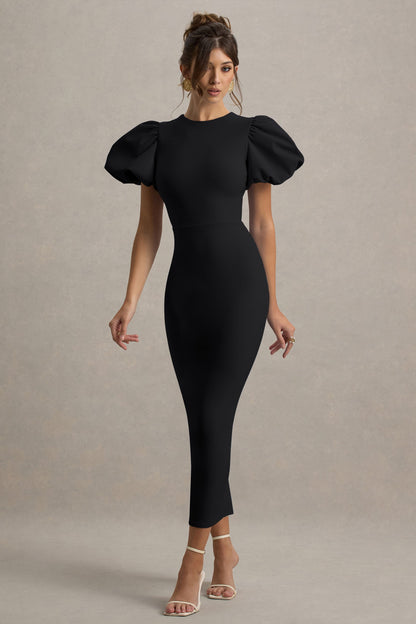 Dakota |  Vestido midi negro con mangas abullonadas