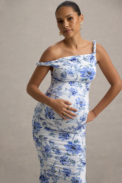 Lita | Vestido largo de Maternidad Floral Azul con Escote Asimétrico Torcido