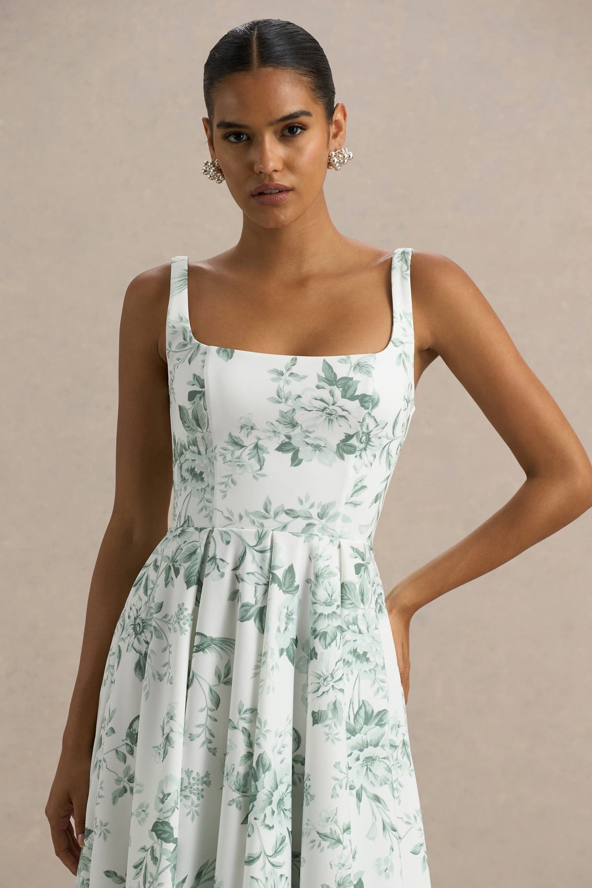 Lissa | Vestido Midi con Escote Cuadrado y Estampado Verde floral