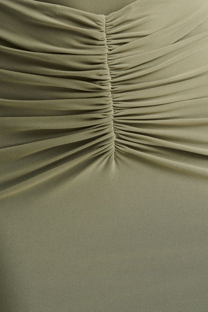Persis | Vestido Largo Verde Oliva de Cuello Alto con Detalles Fruncidos