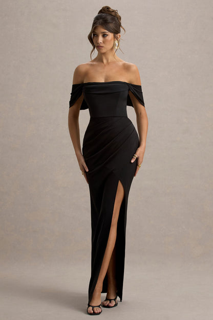 Annie | Vestido largo negro satinado con escote bardot y detalles fruncidos