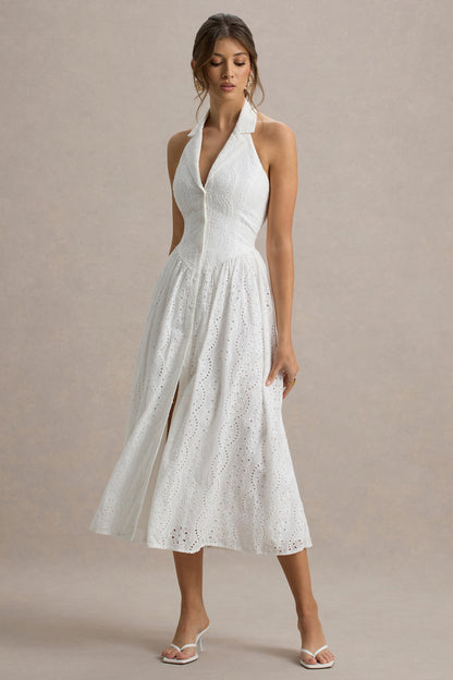 Jezebel | Vestido midi bordado blanco con escote halter