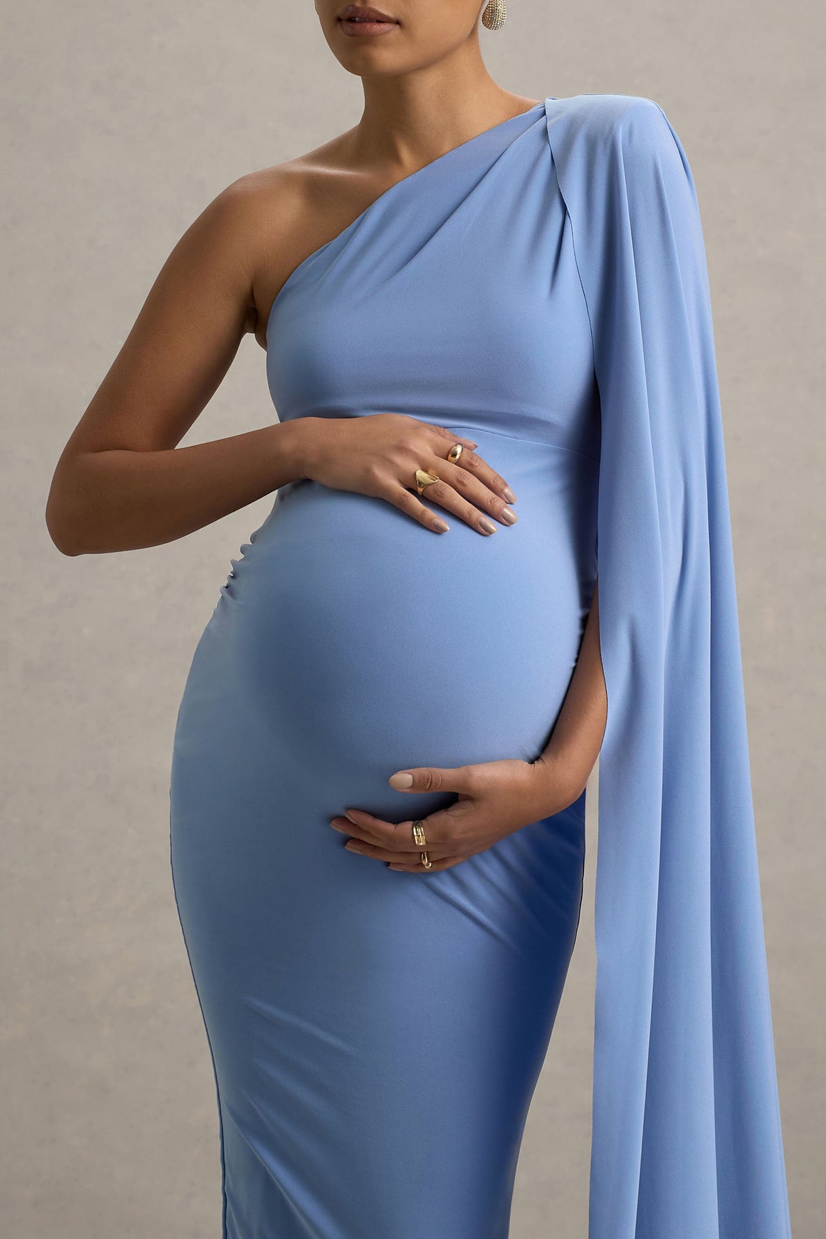 Amaryllis | Vestido Largo Celeste de premamá Asimétrico con Manga Capa