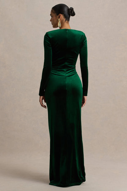 Fay | Vestido largo de Terciopelo Verde Botella con Nudo y Estilo Corsé