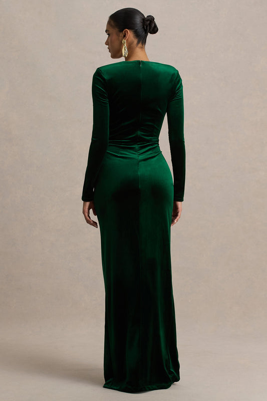 Fay | Vestido largo de Terciopelo Verde Botella con Nudo y Estilo Corsé