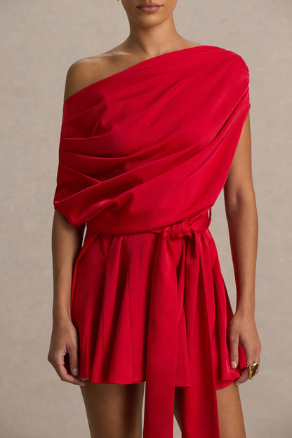 Clydie | Vestido corto con Escote asimétrico y drapeado en rojo